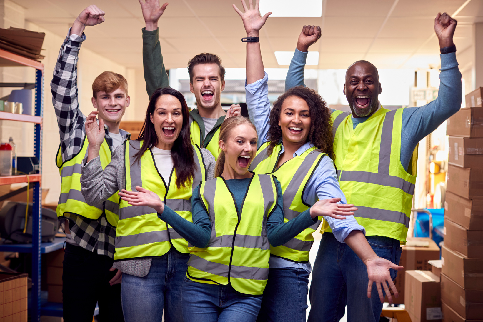 Portrait of Cheering Multi-Cultural Team Wearing Hi-Vis Safety Clothing Working in Modern Warehouse